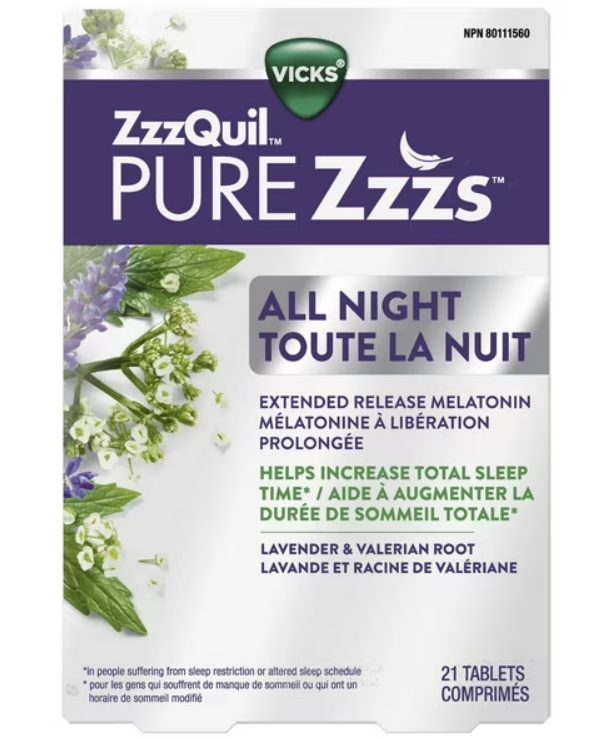 ZzzQuil PURE Zzzs All Night Extended Release, Melatonin Sleep Aid Tablets, 21 Tablets