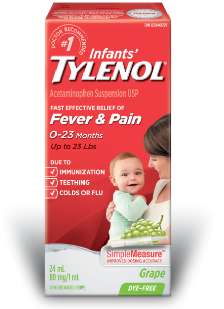 Tylenol Infants' Medicine, 0 - 23 Months, Dye-Free Grape Suspension liquid, Acetaminophen 80mg/1mL, 24mL SHORT EXPIRY 01/25