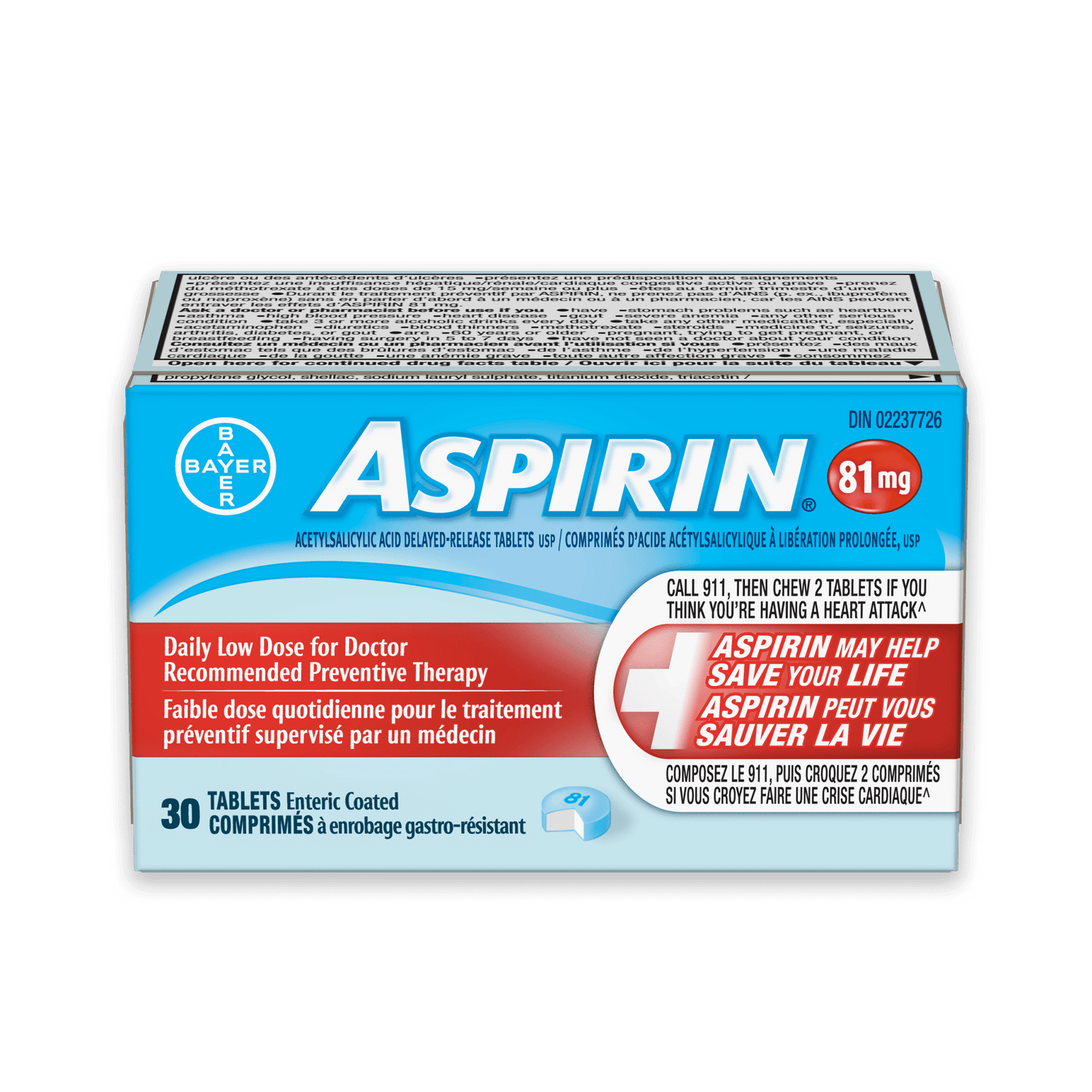 Aspirin 81MG Enteric Coated Daily Low Dose - 30 Tablets - Sands Canada