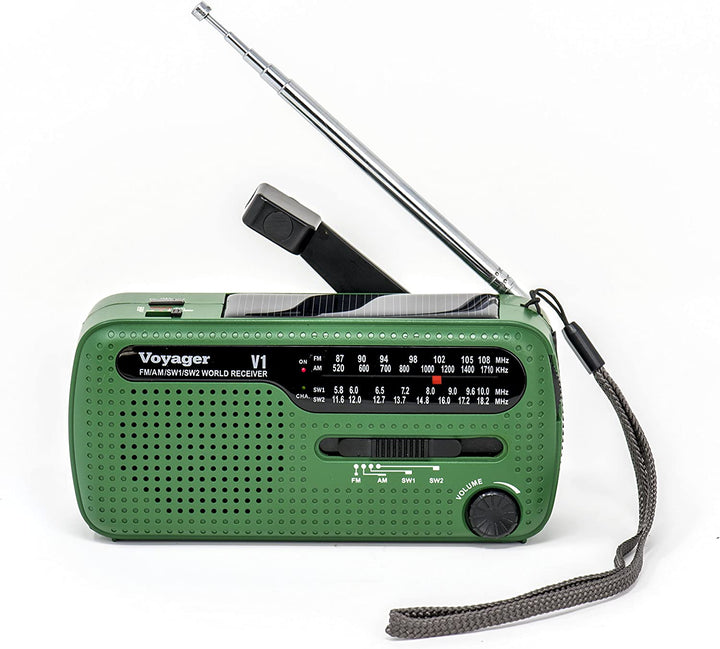 Kaito V1 Voyager Solar/Dynamo AM/FM/SW Emergency Radio with Cell Phone Charger and 3 - LED Flashlight, Green - Sands Canada