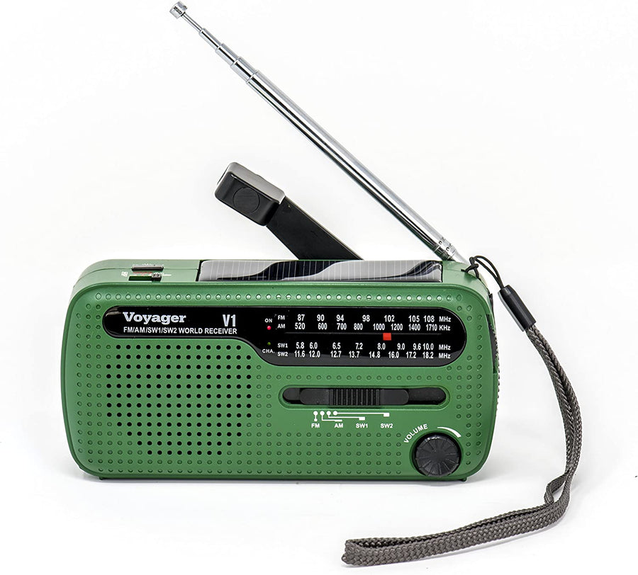 Kaito V1 Voyager Solar/Dynamo AM/FM/SW Emergency Radio with Cell Phone Charger and 3 - LED Flashlight, Green - Sands Canada
